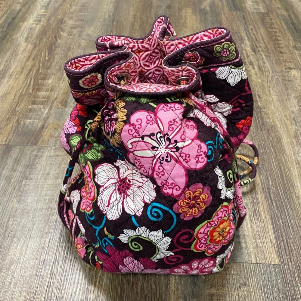 Vera Bradley Quilted Floral Pink/Brown Drawstring Backpack Bag Travel Pouch Sack